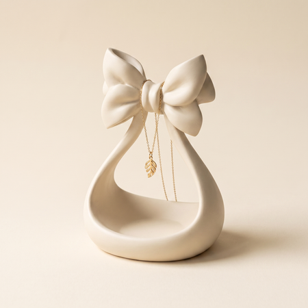 Coquette ribbon bow jewellery stand and trinket tray in matte Bone, 3D printed