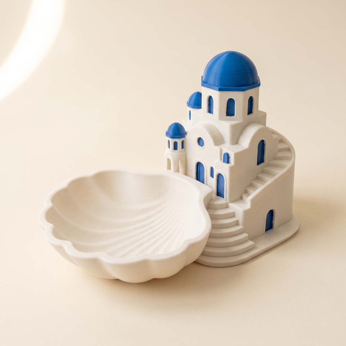 Santorini coastal catchall and seashell key bowl in matte Bone with Aegean blue dome