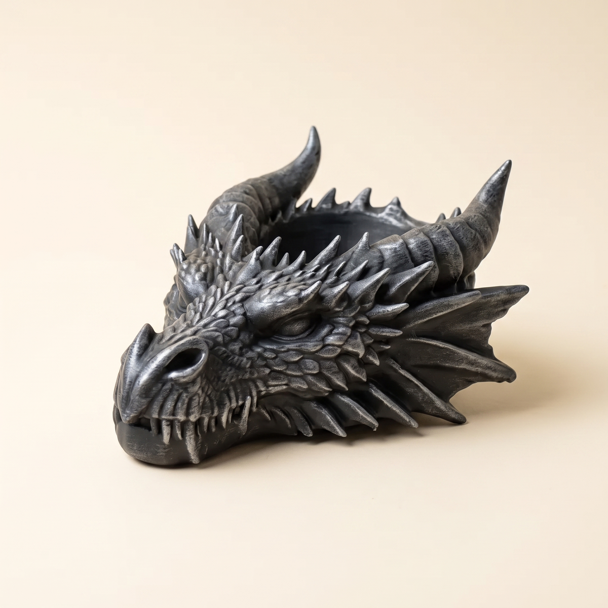 Dragon head catchall tray in Obsidian, matte charcoal hand dry-brushed with pewter
