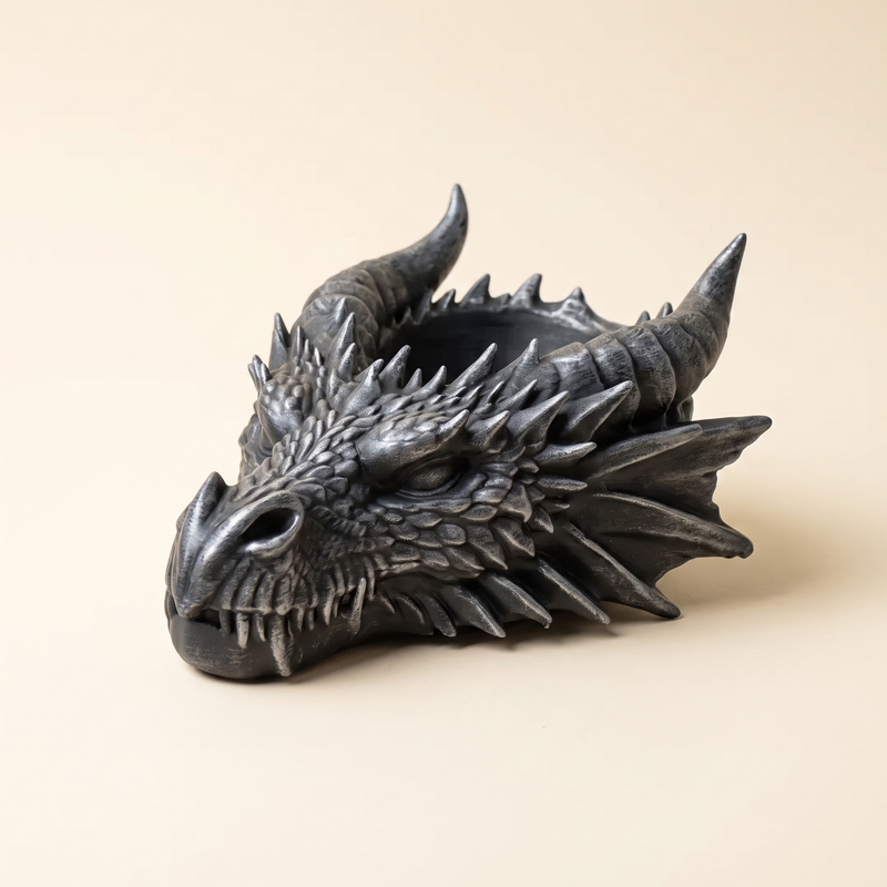 Dragon head catchall tray in Obsidian, matte charcoal hand dry-brushed with pewter