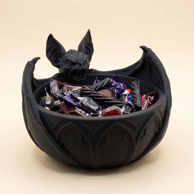 Gothic bat candy bowl in deep matte black, 3D printed Halloween serving dish