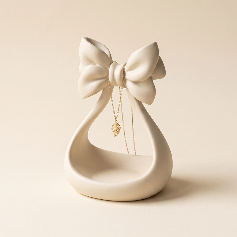 Coquette ribbon bow jewellery stand and trinket tray in matte Bone, 3D printed