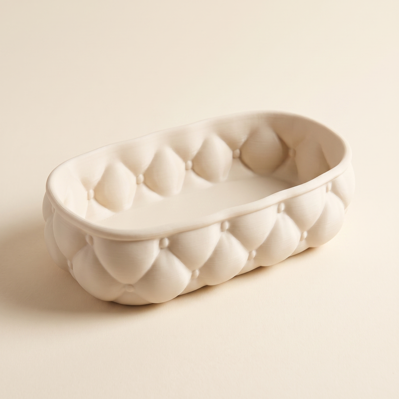 Tufted quilted vanity tray in matte Bone, 3D printed catchall for jewellery, keys and perfume