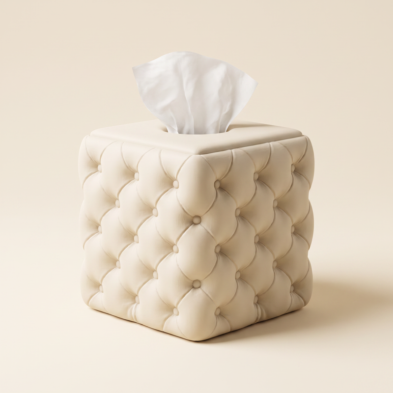 Modern tufted tissue box cover in matte Bone, 3D printed quilted surface