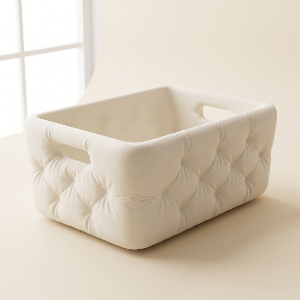 Modern tufted bathroom basket in matte Bone, 3D printed quilted storage organiser