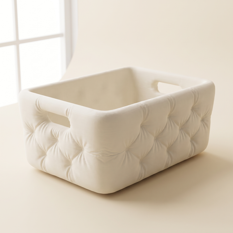 Modern tufted bathroom basket in matte Bone, 3D printed quilted storage organiser