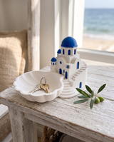 Santorini coastal catchall holding keys on a whitewashed timber console