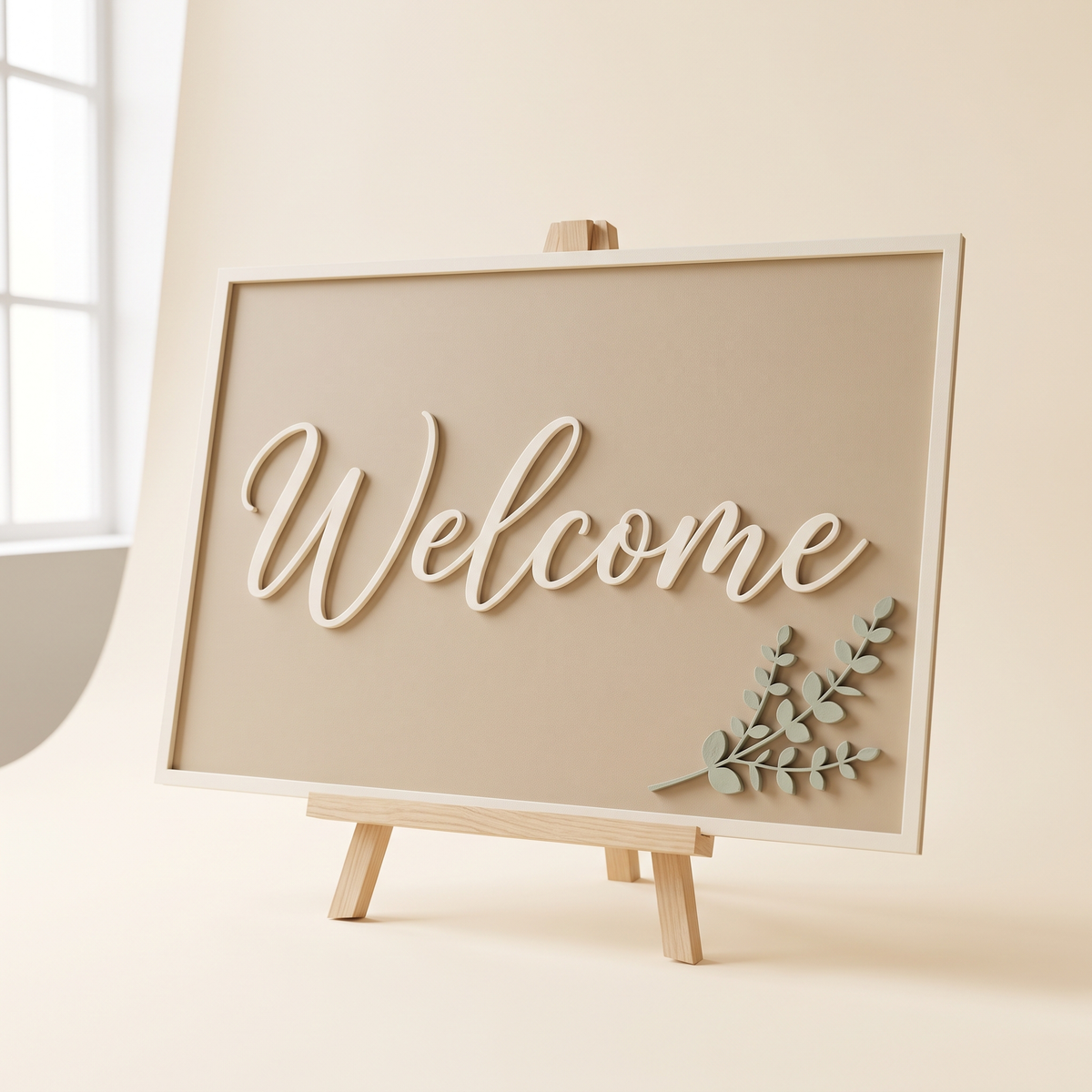Custom wedding welcome sign, layered 3D printed ivory script lettering on an easel