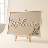 Custom wedding welcome sign, layered 3D printed ivory script lettering on an easel