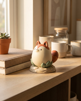Hand-painted collectible figure displayed on a pale oak shelf beside books