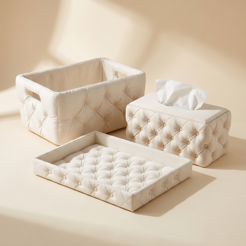 The Bathroom Set: tufted basket, tissue box cover and tray in matching matte Bone