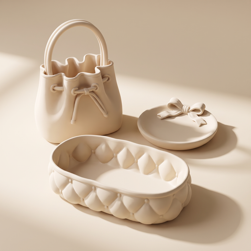 The Vanity Set: tufted tray, coquette bow dish and brush organiser in matching matte Bone