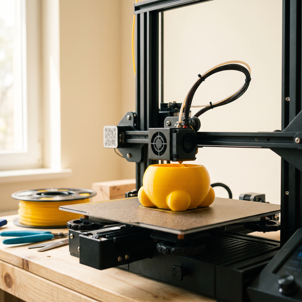 Desktop 3D printer laying down yellow filament on a half-finished toy