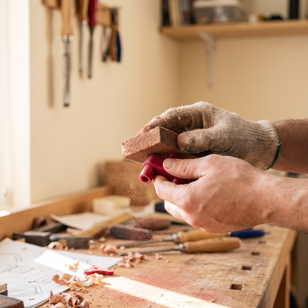 Hands sanding a freshly printed red toy part at the workbench