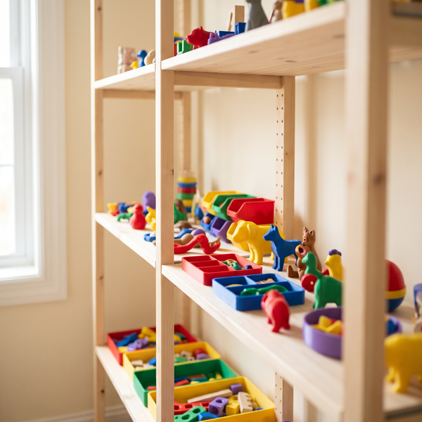 Wooden shelf lined with colourful 3D-printed toys and trays