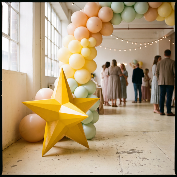 Giant yellow star prop standing beside a balloon arch at an event