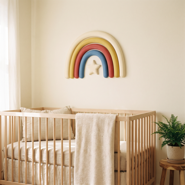 Nursery corner with a layered cloud and rainbow wall sign above a cot